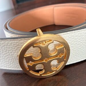 Tory Burch White Leather Belt with Gold Logo Buckle